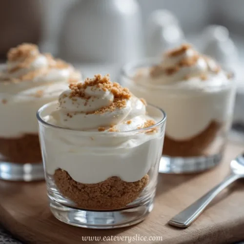 glasses of high-protein mascarpone dessert with biscuit base and cream topping on a wooden board