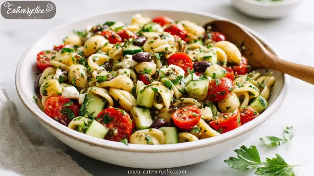 pasta salad with cherry tomatoes, cucumber, feta, olives, and herbs in a white bowl with wooden spoon