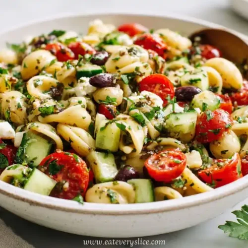 pasta salad with cherry tomatoes, cucumber, feta, olives, and herbs in a white bowl with wooden spoon