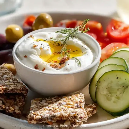 mediterranean plate with yogurt dip, olives, cucumbers, tomatoes, and seed crackers