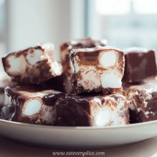 A plate of no bake marshmallow chocolate treats with a glossy chocolate coating and soft marshmallow centers.