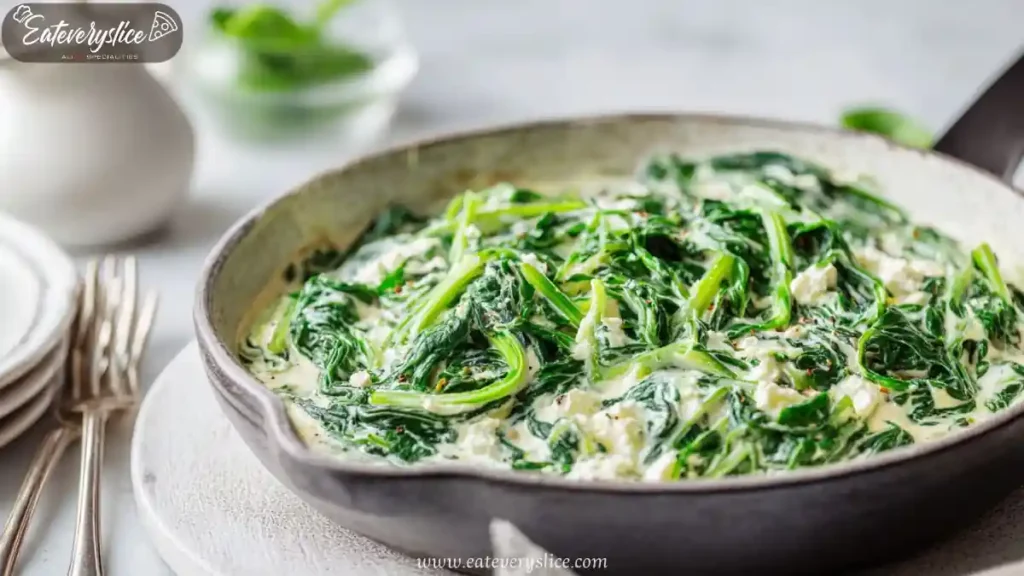 creamy spinach with feta cheese in rustic ceramic pan served hot on white table