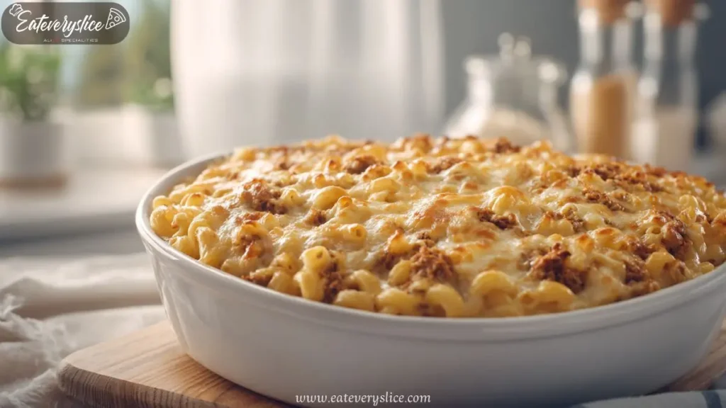 White dish filled with cheesy baked pasta and meatloaf casserole on a wooden board