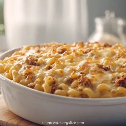 White dish filled with cheesy baked pasta and meatloaf casserole on a wooden board