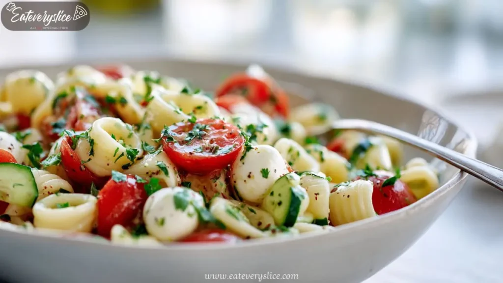 Pasta salad with cherry tomatoes, mozzarella balls, cucumber, and parsley in a white bowl