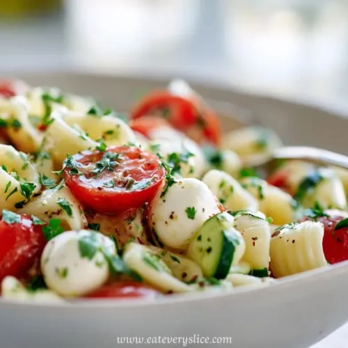 Pasta salad with cherry tomatoes, mozzarella balls, cucumber, and parsley in a white bowl