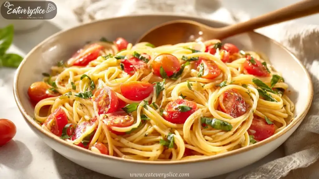 Fresh spaghetti tossed with cherry tomatoes, basil, olive oil, and garlic in a ceramic bowl