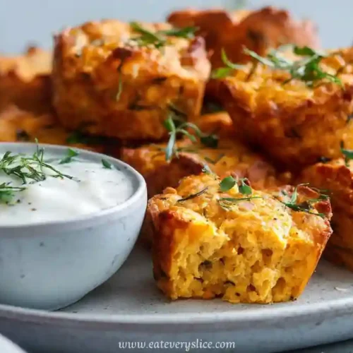 healthy golden veggie muffin bites with creamy yogurt dip on ceramic plate