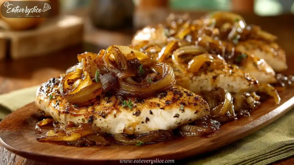 roasted chicken breasts topped with caramelized onions and herbs on wooden board