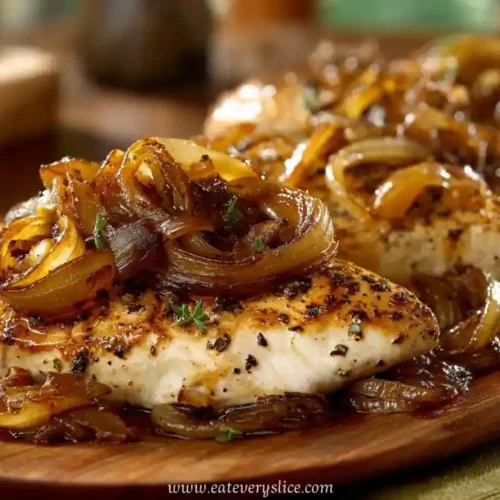 roasted chicken breasts topped with caramelized onions and herbs on wooden board