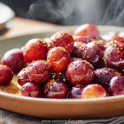 warm roasted grapes with cinnamon and spices served on a ceramic plate