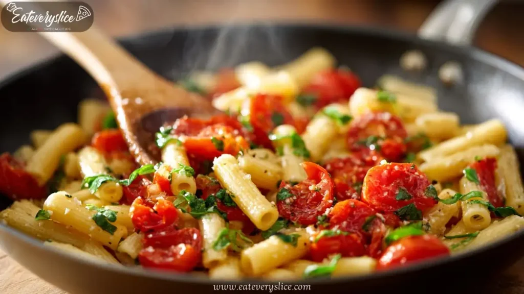 Steamy rigatoni pasta with cherry tomatoes, herbs, and garlic in skillet