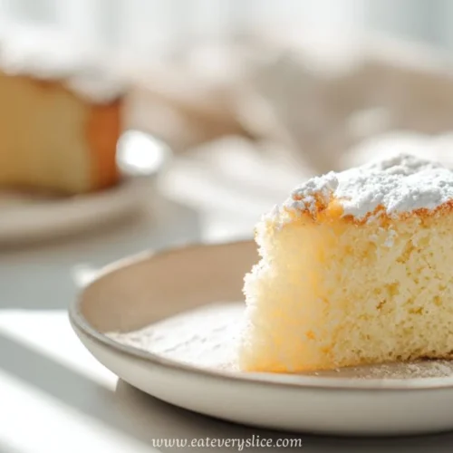 slice of airy winter sponge cake dusted with powdered sugar on ceramic plate in soft sunlight