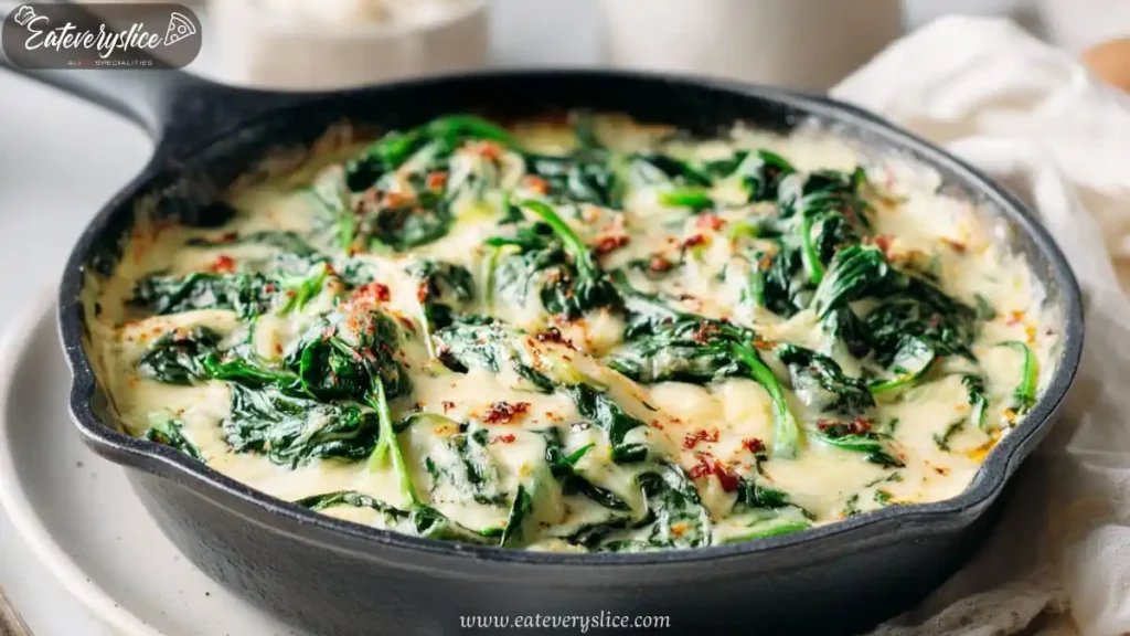 Creamy spinach and melted cheese skillet dish with golden brown edges served hot in a cast iron pan