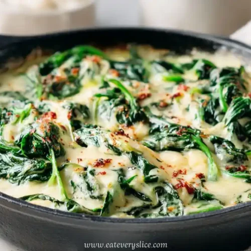 Creamy spinach and melted cheese skillet dish with golden brown edges served hot in a cast iron pan