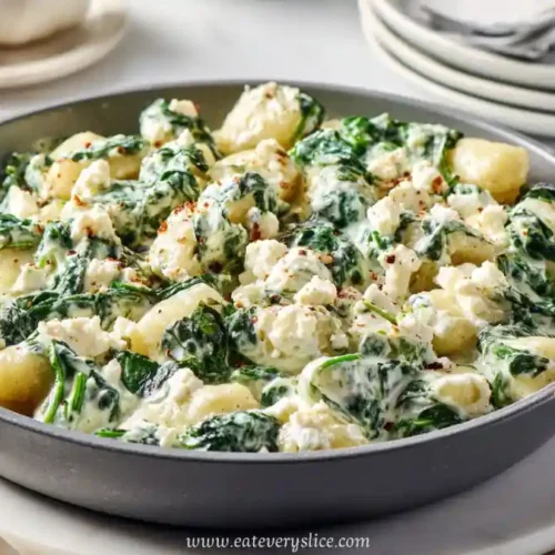 skillet filled with creamy spinach and feta gnocchi topped with red pepper flakes on white surface