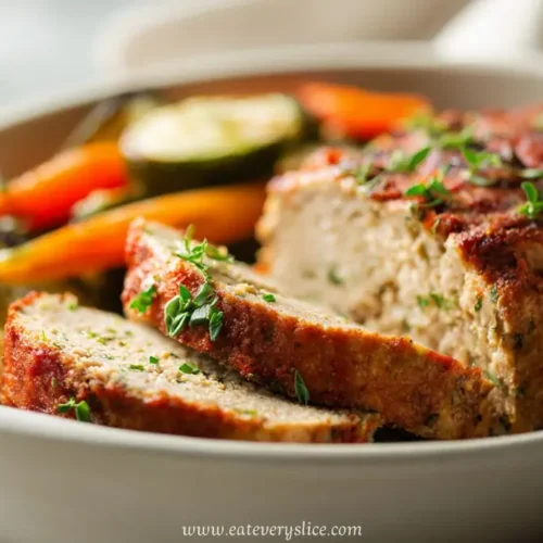 Sliced baked chicken meatloaf served with roasted carrots and zucchini