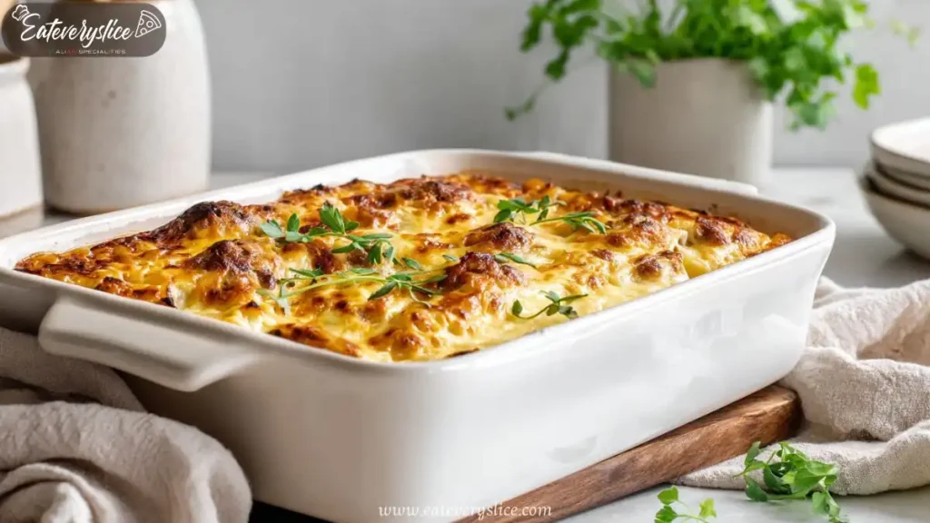 baked mac and cheese meatloaf casserole with golden cheese topping and fresh herbs