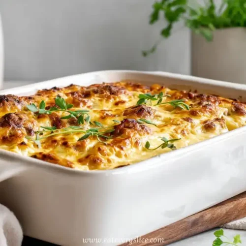 baked mac and cheese meatloaf casserole with golden cheese topping and fresh herbs