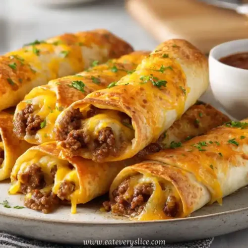Cheesy beef taco sticks filled with seasoned ground beef and melted cheese served with dipping sauce