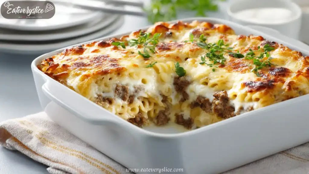 Cheesy meatloaf and pasta casserole with melted cheese and herbs baked in a white dish