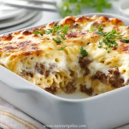 Cheesy meatloaf and pasta casserole with melted cheese and herbs baked in a white dish