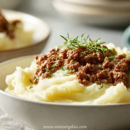 Bowl of mashed potatoes topped with saucy ground beef and garnished with rosemary