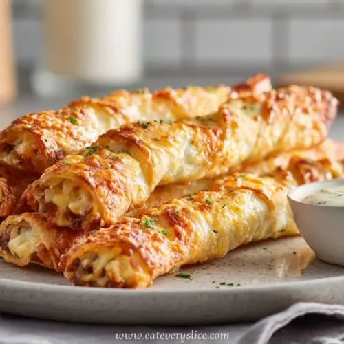 crispy cheesy taco sticks stacked on plate with ranch dip