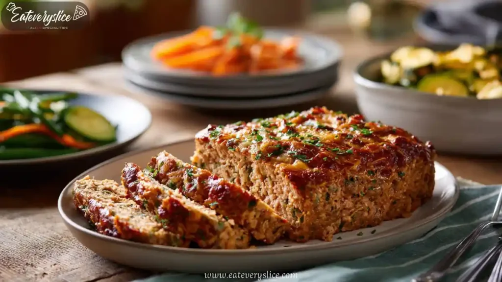 sliced chicken meatloaf with herbs on plate surrounded by roasted vegetables