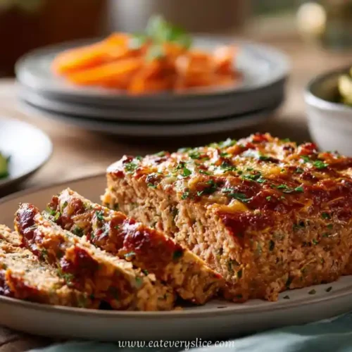 sliced chicken meatloaf with herbs on plate surrounded by roasted vegetables