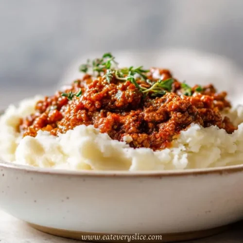 Ground beef in rich tomato sauce served over creamy mashed potatoes with fresh herbs