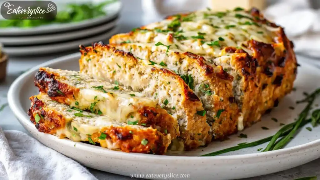 sliced garlic parmesan chicken meatloaf on white plate garnished with parsley