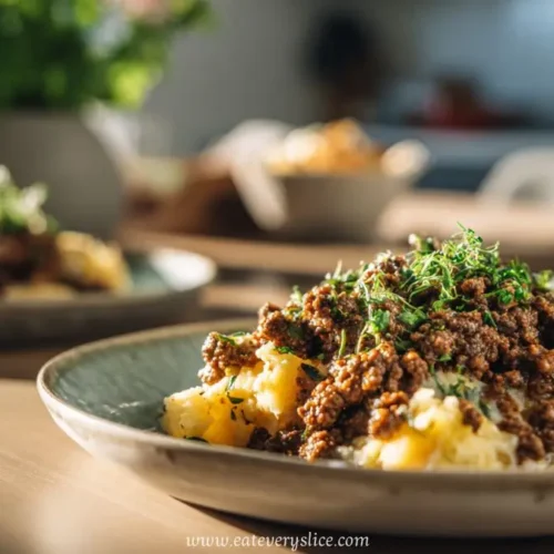 creamy mashed potatoes topped with savory ground beef and fresh herbs on ceramic plate
