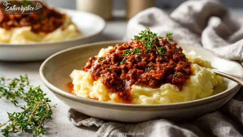 Hearty ground beef in rich sauce served over creamy mashed potatoes with fresh thyme