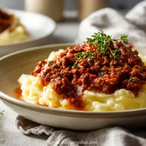 Hearty ground beef in rich sauce served over creamy mashed potatoes with fresh thyme