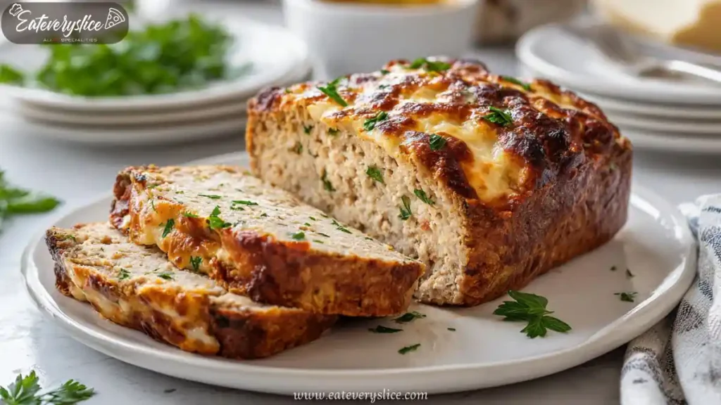 sliced italian-style chicken meatloaf with cheesy golden crust on white plate