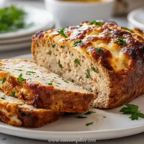 sliced italian-style chicken meatloaf with cheesy golden crust on white plate
