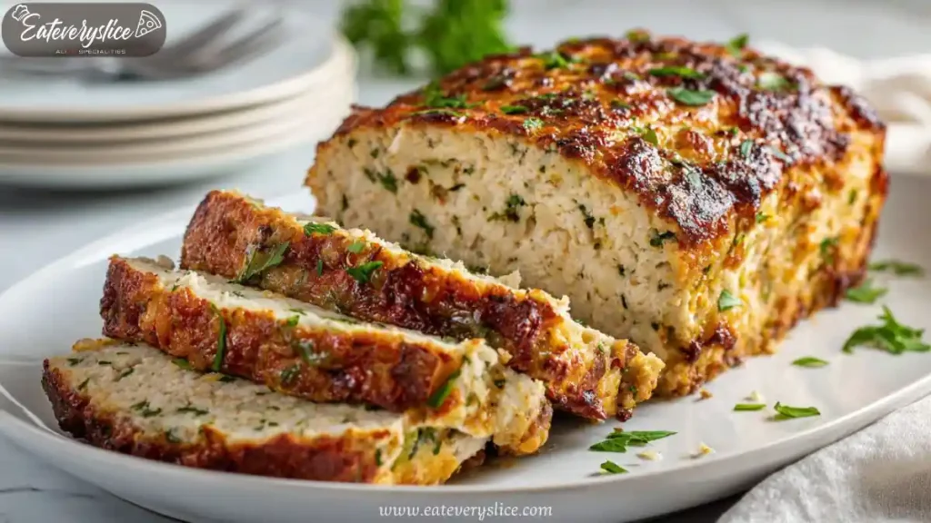 juicy chicken meatloaf with parmesan and garlic sliced on serving plate with herbs