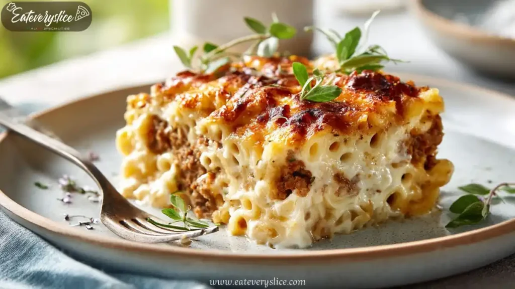 Mac and cheese meatloaf bake with creamy pasta, savory meatloaf, and melted cheese on a plate