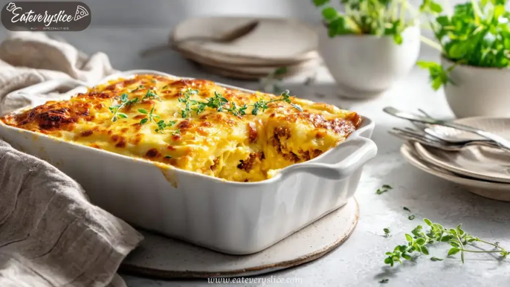 mac and cheese meatloaf casserole baked with melted cheese and fresh herbs