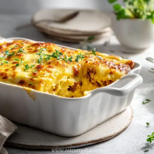 mac and cheese meatloaf casserole baked with melted cheese and fresh herbs