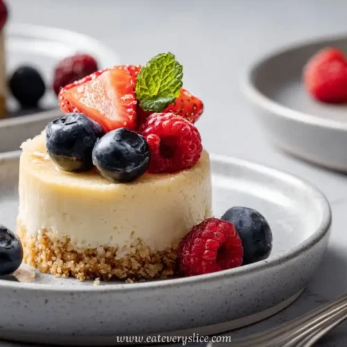 mini cheesecake cupcake topped with fresh berries and mint on ceramic plate