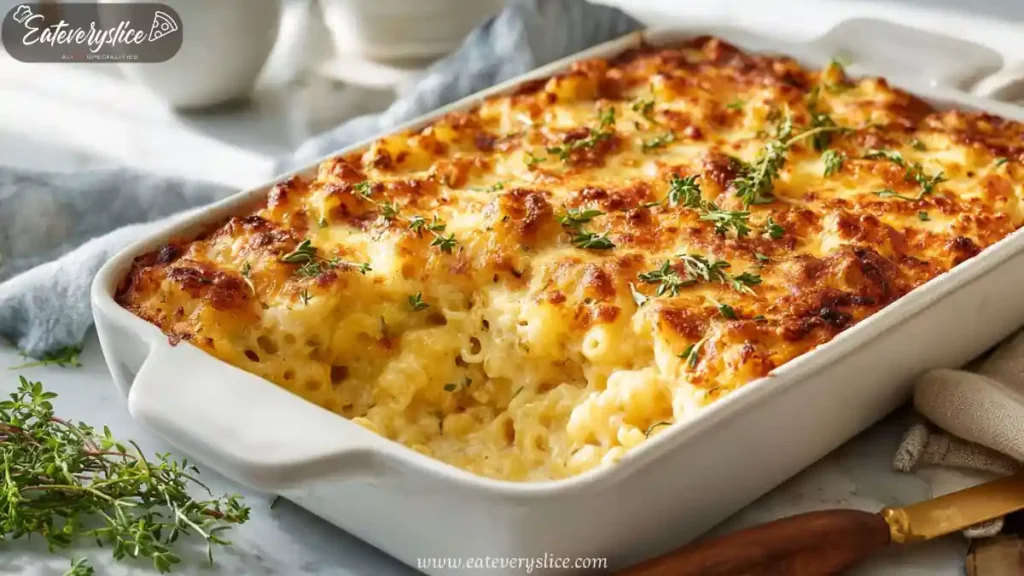 One pan mac and cheese meatloaf dinner bake with golden melted cheese and herbs