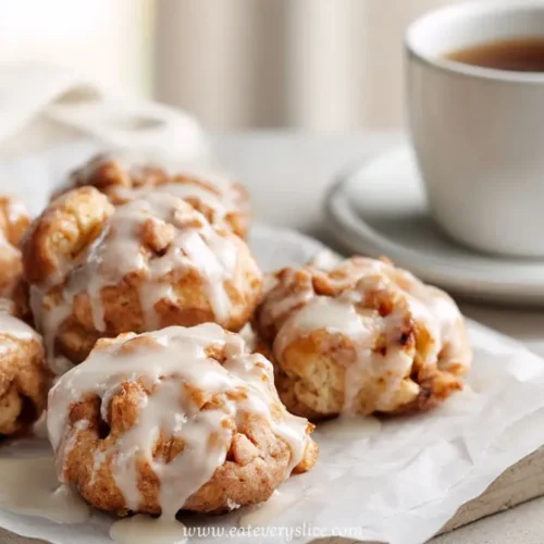 Warm soft baked apple fritters drizzled with icing served with a cup of coffee