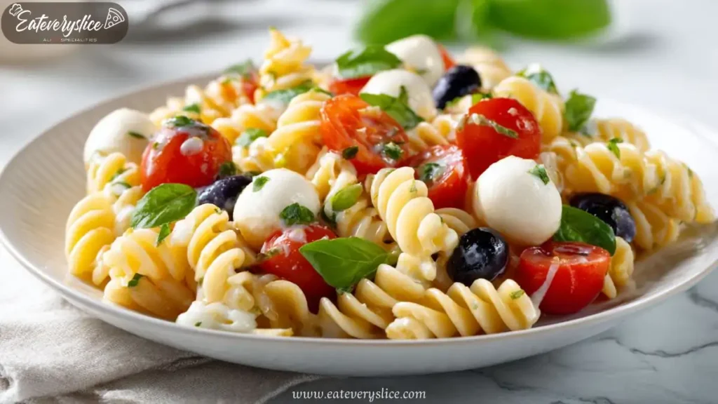caprese pasta salad with mozzarella cherry tomatoes basil and olives on plate