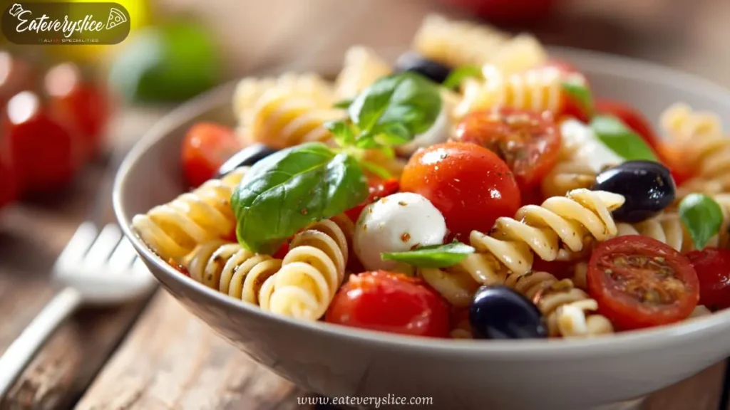 caprese pasta salad with cherry tomatoes mozzarella olives basil and herbs in bowl