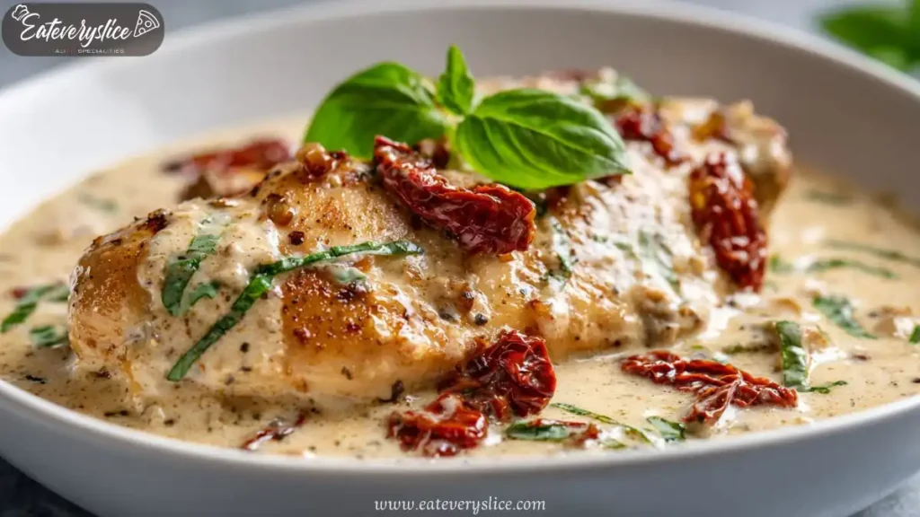 creamy tuscan chicken with sun dried tomatoes and basil in rich garlic sauce served in bowl