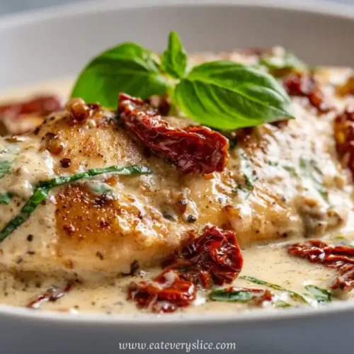 creamy tuscan chicken with sun dried tomatoes and basil in rich garlic sauce served in bowl