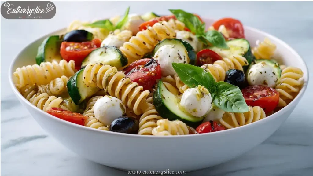 italian pasta salad with mozzarella cherry tomatoes zucchini olives and basil
