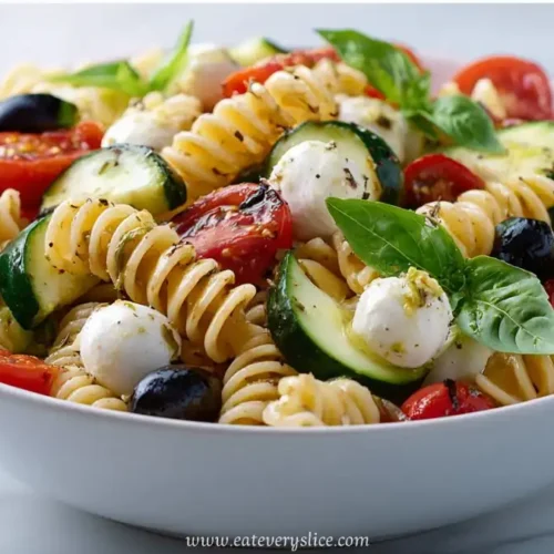 italian pasta salad with mozzarella cherry tomatoes zucchini olives and basil